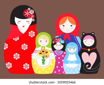 Matryoshka vector traditional russian nesting doll toy with handmade ornament figure pattern with child face and babushka woman souvenir illustration.