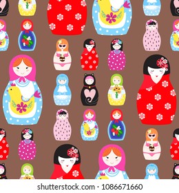 Matryoshka vector traditional russian nesting doll toy with handmade ornament figure pattern with child face and babushka woman souvenir seamless pattern background illustration.