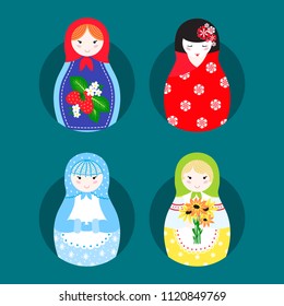 Matryoshka vector traditional russian nesting doll toy with handmade ornament figure pattern with child face and babushka woman souvenir illustration.