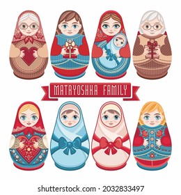 Matryoshka wooden doll Russian souvenir Russian nesting dolls Matryoshka Babushka doll Matryoshkas family vector Russian doll Matrioshka toy isolated Matryoshka family Russian Matryoshka stacking doll