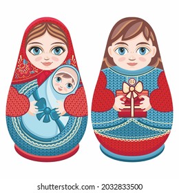 Matryoshka wooden doll Russian souvenir Russian nesting dolls Matryoshka Babushka doll Matryoshkas family vector Russian doll Matrioshka toy isolated Matryoshka family Russian Matryoshka stacking doll