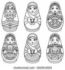 Matryoshka wooden doll Russian souvenir Russian nesting dolls Matryoshka Babushka doll Matryoshkas family vector Russian doll Matrioshka toy isolated Matryoshka family Russian Matryoshka stacking doll