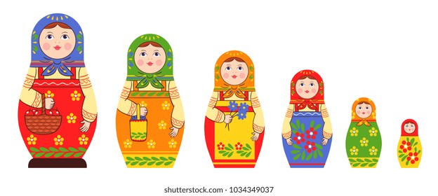 Matryoshka zagorje family set of flat isolated stacking russian doll images of different size and colour pattern vector illustration