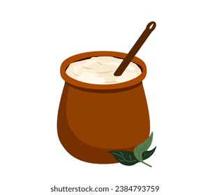 Matsoni. Spoiled fermented milk.Dairy thick Drink of Armenian origin made from fermented milk.Traditional dish of Armenian,Georgian national cuisines.Illustration for cafe,restaurants menu.Flat vector