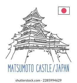 Matsumoto Castle, Japan. Hand drawn vector illustration isolated on white background. Outline stroke is not expanded, stroke weight is editable