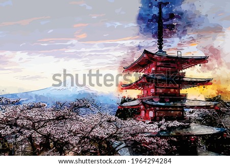 Matsumoto Castle WaterColor Art Painting with Beautiful Japanese Mount Fuji background, in harmony with the beauty of nature, with vector format allows you the freedom to decorate your room.