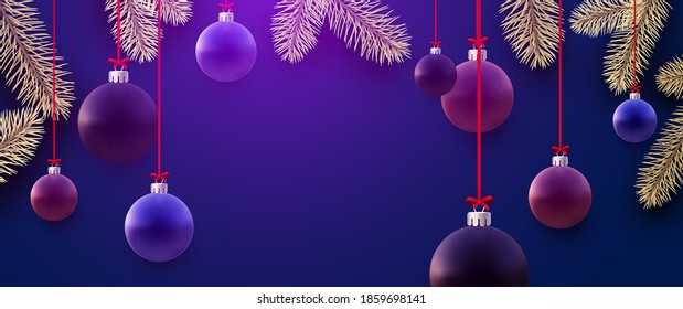 Matt blue, purple, violet, pink christmas balls hanging on red ribbons with bow. Golden spruce branches. Dark blue background. Vector festive illustration.