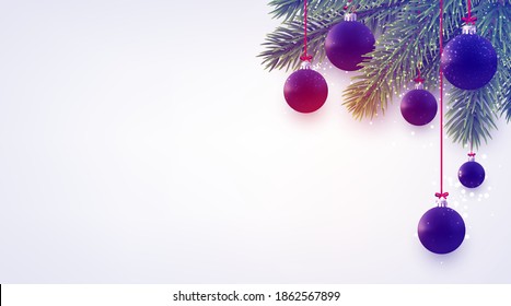 Matt dark blue and violet christmas baubles with green spruce branches. Light grey background. Vector festive illustration.
