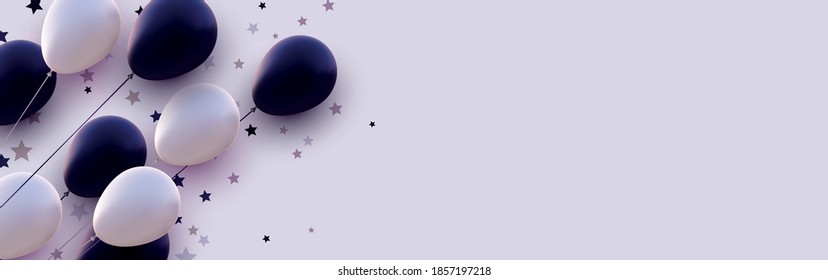 Matar globos blancos y violetas oscuros con hilos de fondo blanco. Stars confetti. Espacio para texto. Ilustración festiva vectorial.