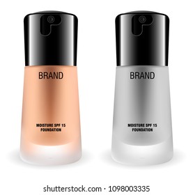 Matt glass Foundation cream Cosmetic bottles set. Facial care product mockup. Vector packaging 3d realistic illustration. Isolated on white background.