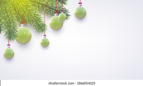 Matt green christmas baubles with green spruce branches. Light grey background. Vector festive illustration.