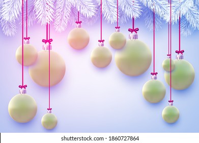 Matt green christmas baubles with white spruce branches. Light grey background. Vector festive illustration.