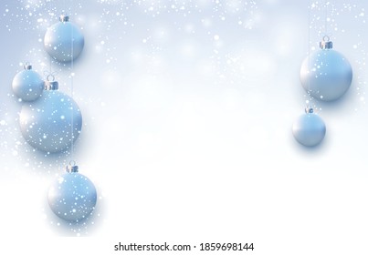 Matt light blue christmas balls hanging on threads. Snowing weather. Space for text. Vector festive illustration.