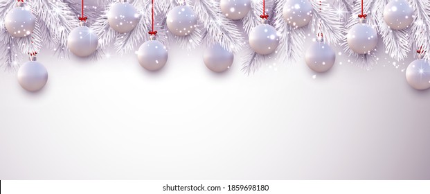 Matt light purple christmas balls hanging on red ribbons with bow. White spruce branches and snowflakes. White background. Vector festive illustration.