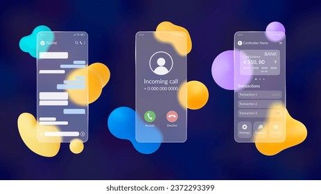 Matt screen phone mockup. Glassmorphism style screens and abstract 3d shapes. Blurred plastic elements. Smartphone chat or call, online bank pithy vector set