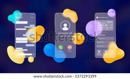 Matt screen phone mockup. Glassmorphism style screens and abstract 3d shapes. Blurred plastic elements. Smartphone chat or call, online bank pithy vector set