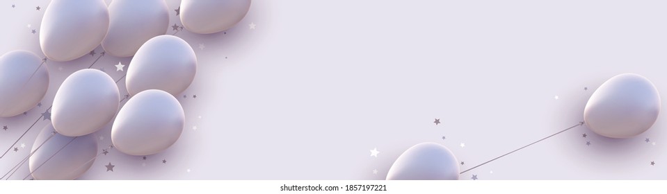 Globos blancos Matt con hilos sobre fondo blanco. Stars confetti. Espacio para texto. Ilustración festiva vectorial.