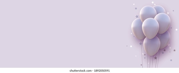 Matt white balloons with threads on white background. Stars confetti. Space for text. Vector festive illustration.