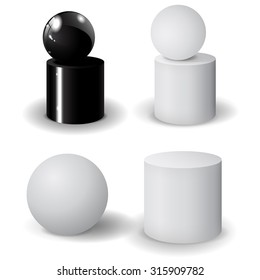 Matt white and white sphere and  cylinder with shadow. Vector illustration isolated on white background
