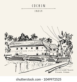 Mattancherry Palace (Portuguese Palace, Dutch Palace) in Cochin (Kochi), Kerala, India. Heritage colonial building with Portuguese and Dutch history. Famous historical landmark. Vector hand drawn trav