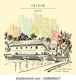 Mattancherry Palace (Portuguese or Dutch Palace) in Cochin (Kochi), Kerala, India. Heritage colonial building with Portuguese and Dutch history. Historical landmark. Vector hand drawn travel postcard