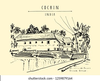 Mattancherry Palace (Portuguese or Dutch Palace) in Cochin (Kochi), Kerala, India. Heritage colonial building with Portuguese and Dutch history. Historical landmark. Vector hand drawn travel postcard