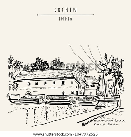 Mattancherry Palace (Portuguese Palace, Dutch Palace) in Cochin (Kochi), Kerala, India. Heritage colonial building with Portuguese and Dutch history. Famous historical landmark. Vector hand drawn trav