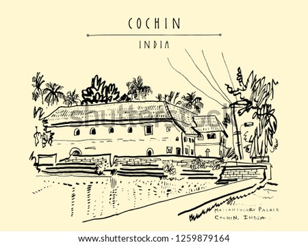 Mattancherry Palace (Portuguese or Dutch Palace) in Cochin (Kochi), Kerala, India. Heritage colonial building with Portuguese and Dutch history. Historical landmark. Vector hand drawn travel postcard