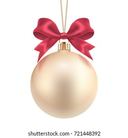 Matte 3d Xmas ball with red ribbon bow isolated on white. Eps10 vector.