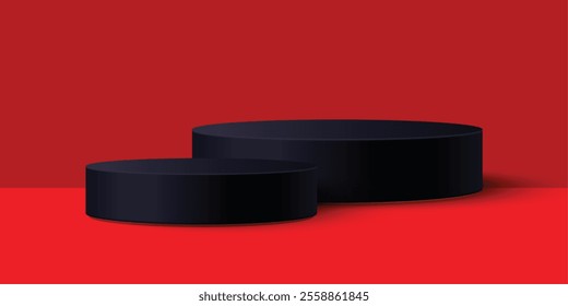 Matte black podium set against a vivid red background, offering a bold and striking visual perfect for dramatic product showcases, luxury branding, or attention-grabbing presentations.