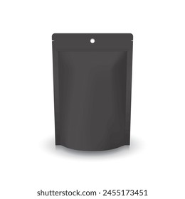 Matte black pouch bag with ziplock mockup. Blank black ziplock stand-up pouch with round hanging hole to display or use for food or healthy product. Isolated on white background. Vector illustration.