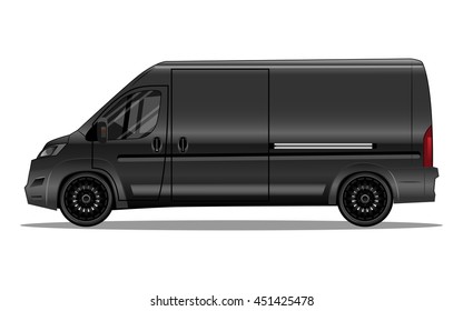 Matte black van with black alloy rims and blank space on the side for your text or logo. Detailed vector illustration.