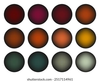 Círculos de gradiente borrados foscos. Conjunto de bolas foscas em tons profundos. Conjunto moderno de figuras embaçadas. Elementos de gradiente para fundo de mídia social, cartazes, anúncios, banners da Web. Ilustração vetorial