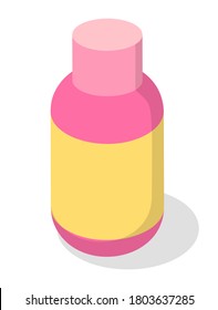 Matte and glossy plastic bottle and cap for vitamins, tablets, packaging for pills or cosmetics. Pink container with screw cap and a yellow label for medicament or household chemicals, liquids