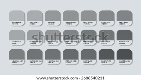 Matte Gray Color Guide Palette with Color Names. Catalog Samples Matte Gray with RGB HEX codes and Names. Matte Colors shades Vector, Original Matte Gray Color Palette, Newly Fashion Trend ash colors