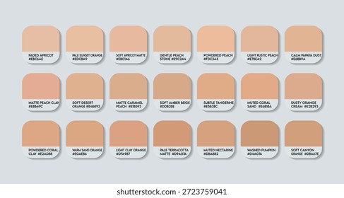 Paleta de guia de cores laranja claro fosco com nomes de cores. Amostras de Catálogo Laranja Fosco com códigos e Nomes RGB HEX. Paleta de cores de roupa laranja fosco Vetor, Paleta de cores de pintura laranja claro fosco