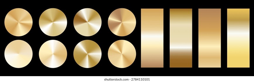 Matte metallic radial circles and linear gradients in champagne gold. Shiny and soft brushed metal foil texture pack. Subtle circular reflections. Premium abstract vector elements for luxury design