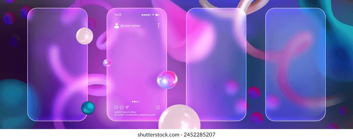 Matte phone screen mockup in glassmorphism style. Realistic set of transparent glass morphism blurred mobile frames or smartphone frosted plates with abstract 3d floating shapes on purple background.