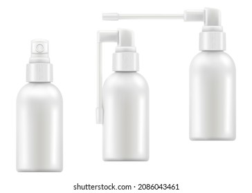 Matte Plastikflasche mit einem langen und kurzen Spritzgerät zum Einnehmen. 60 ml. Realistische 3D-Vektorgrafik, Verpackungsmusterung nach oben, einzeln auf weißem Hintergrund