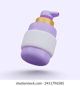 Matte purple plastic bottle with pump dispenser. Elegant and modern design. Perfect for beauty concept. Vector illustration in 3d style on purple background