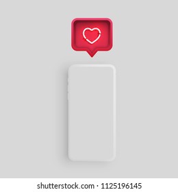 Matte smartphone template with a speech bubble and a neon heart inside, vector illustration