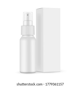 Modelación del frasco de pulverización mate con tapa transparente y vista lateral de la caja de papel, aislada en fondo blanco. Ilustración del vector