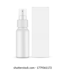 Modelación del frasco de pulverización mate con tapa transparente y vista frontal de la caja de papel, aislada sobre fondo blanco. Ilustración del vector
