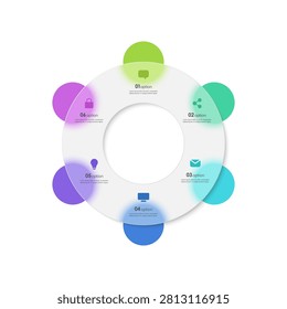 Matte transparent glass ring with circular elements. Business infographic mockup. Pie chart with 6 segments or sections