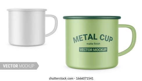 Matte white enamel metal cup. Photo-realistic packaging mockup template with sample design. Vector 3d illustration.  