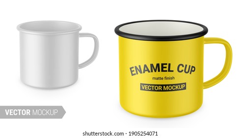 Matte white enamel metal cup. Realistic packaging mockup template with sample design. Vector 3d illustration. Contains an accurate mesh to wrap your artwork with the correct envelope distortion.