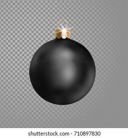 Matted black Christmas ball tree decoration. 3d realistic isolated on transparent background design element. New Year round adornment golden metallic hanging vector illustration.