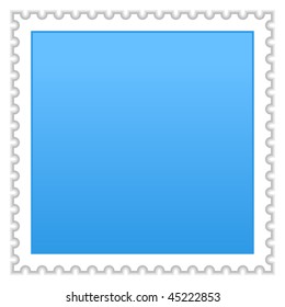 Matted blue blank postage stamp with shadow on white background