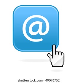 Matted blue buttons with arrobase symbol and cursor hand on white