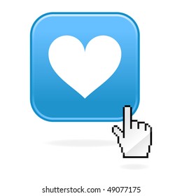 Matted blue buttons with heart symbol and cursor hand on white